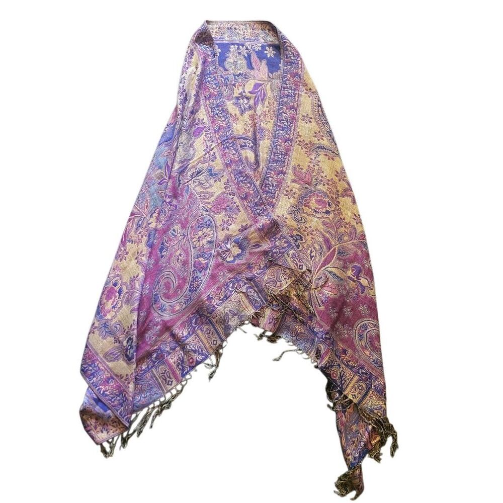 PASHMINA Brand Scarf Wrap Shawl Silk Gold Plum Paisley Fringe Gyspy Bohemian